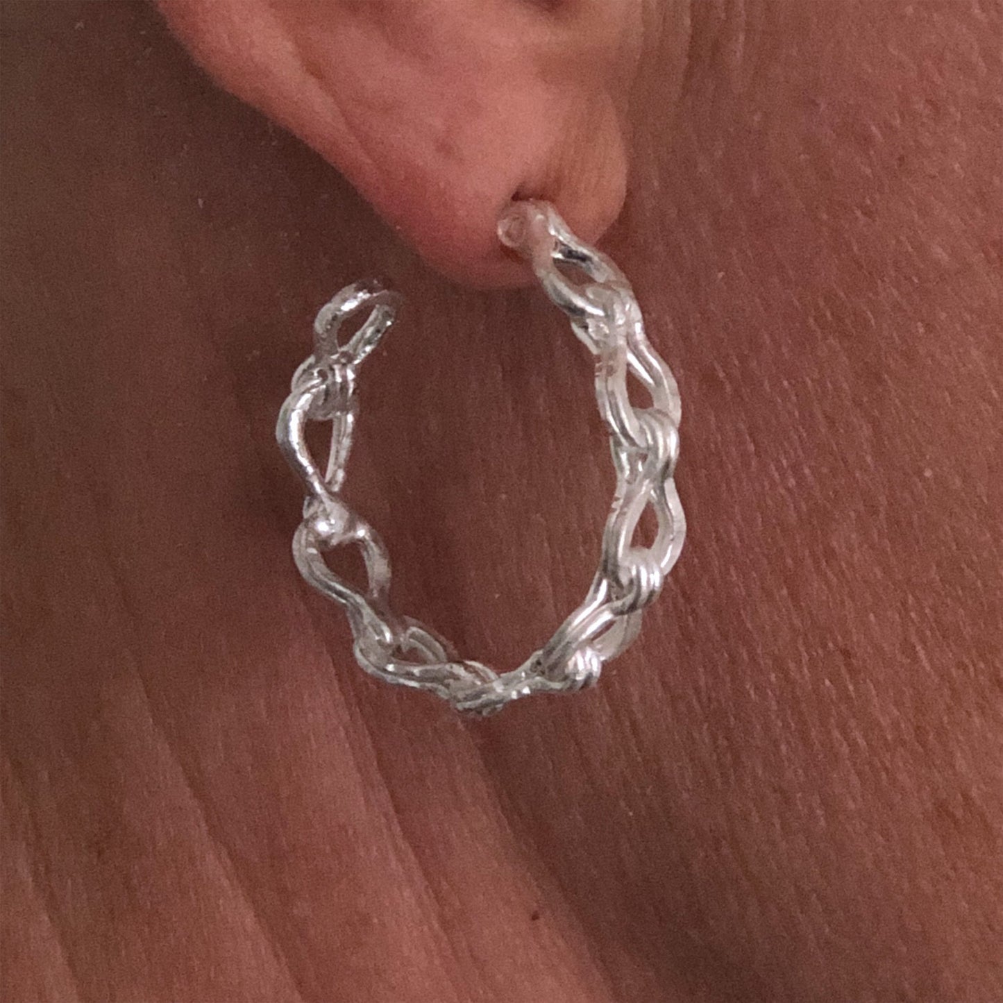 Roman chain hoops fine silver on trendy woman